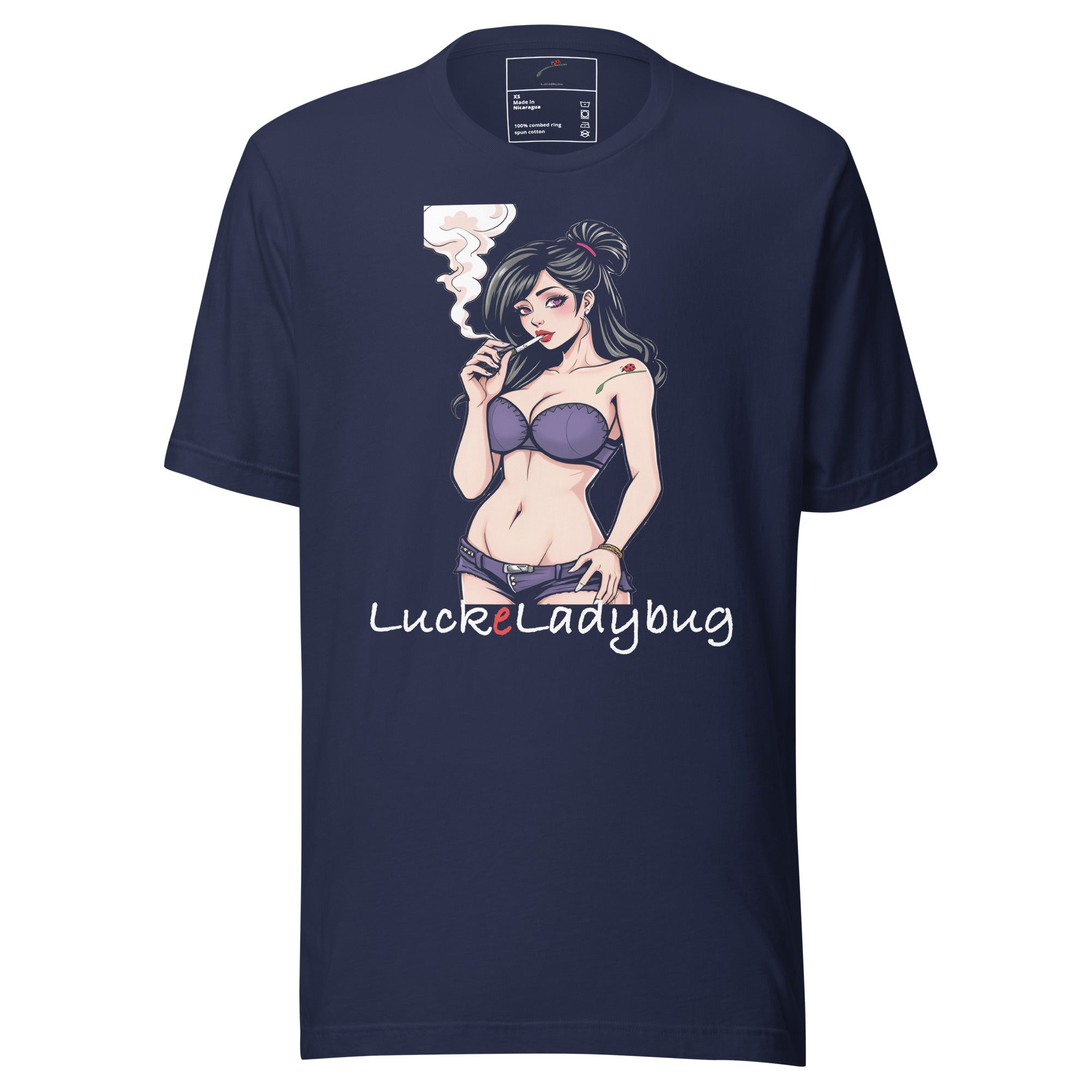 Navy LuckeLadybug edgy graphic shirt for trendsetters with illustrated smoking woman design