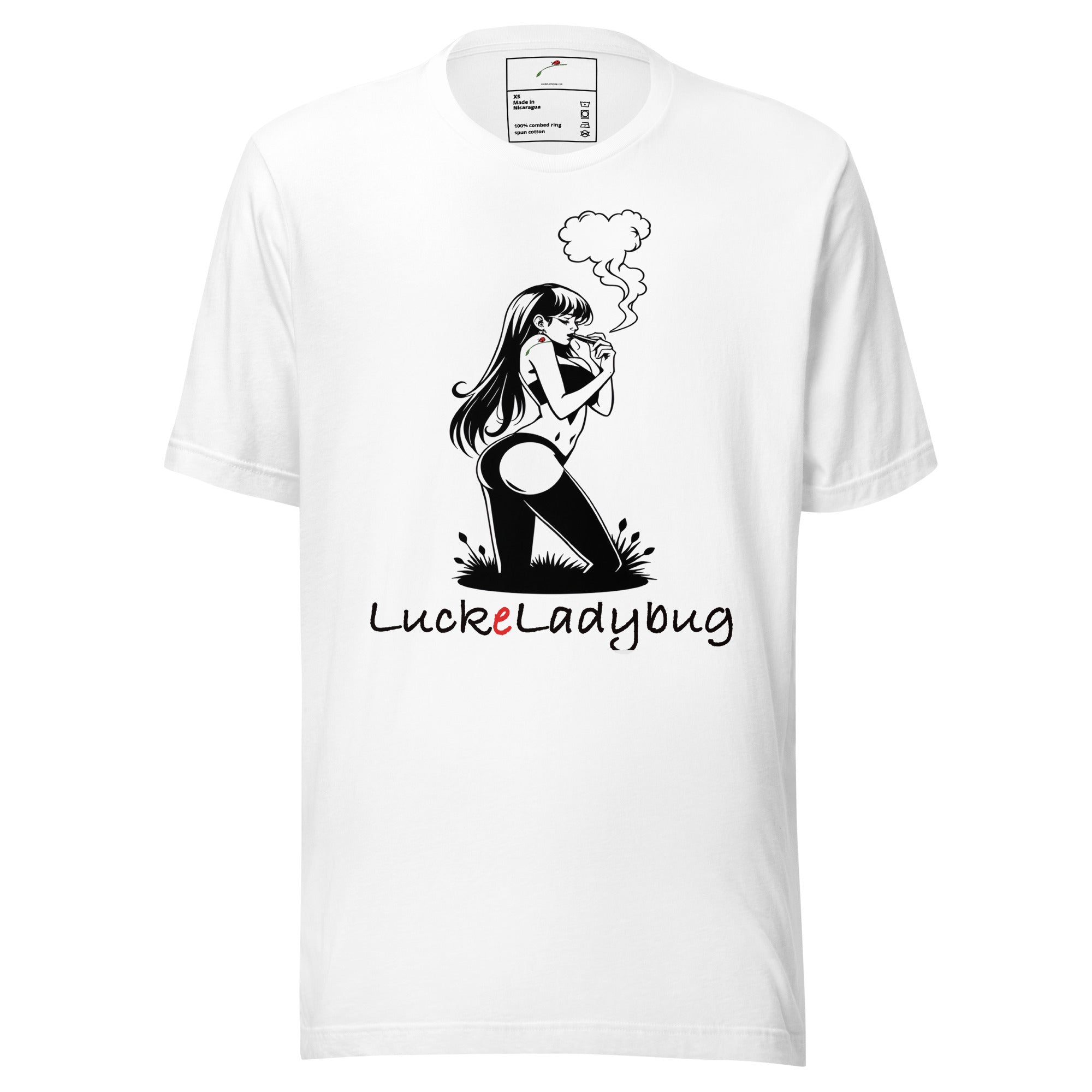 LuckeLadybug white edgy graphic tee for men with black and white illustrated woman smoking design