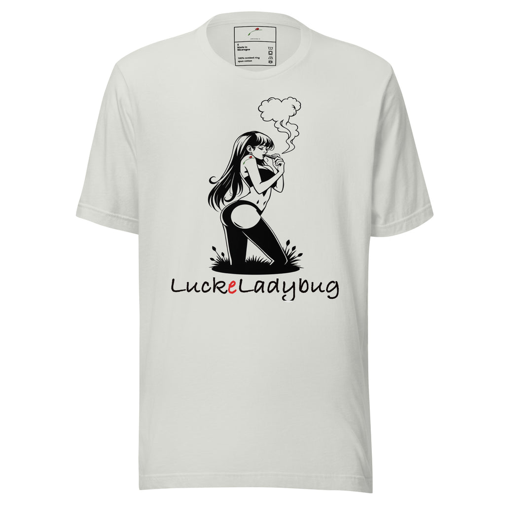 LuckeLadybug edgy graphic tee for men featuring a black and white illustration of a woman smoking on a white t-shirt