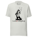LuckeLadybug edgy graphic tee for men featuring a black and white illustration of a woman smoking on a white t-shirt