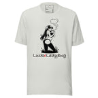 LuckeLadybug edgy graphic tee for men featuring a black and white illustration of a woman smoking on a white t-shirt