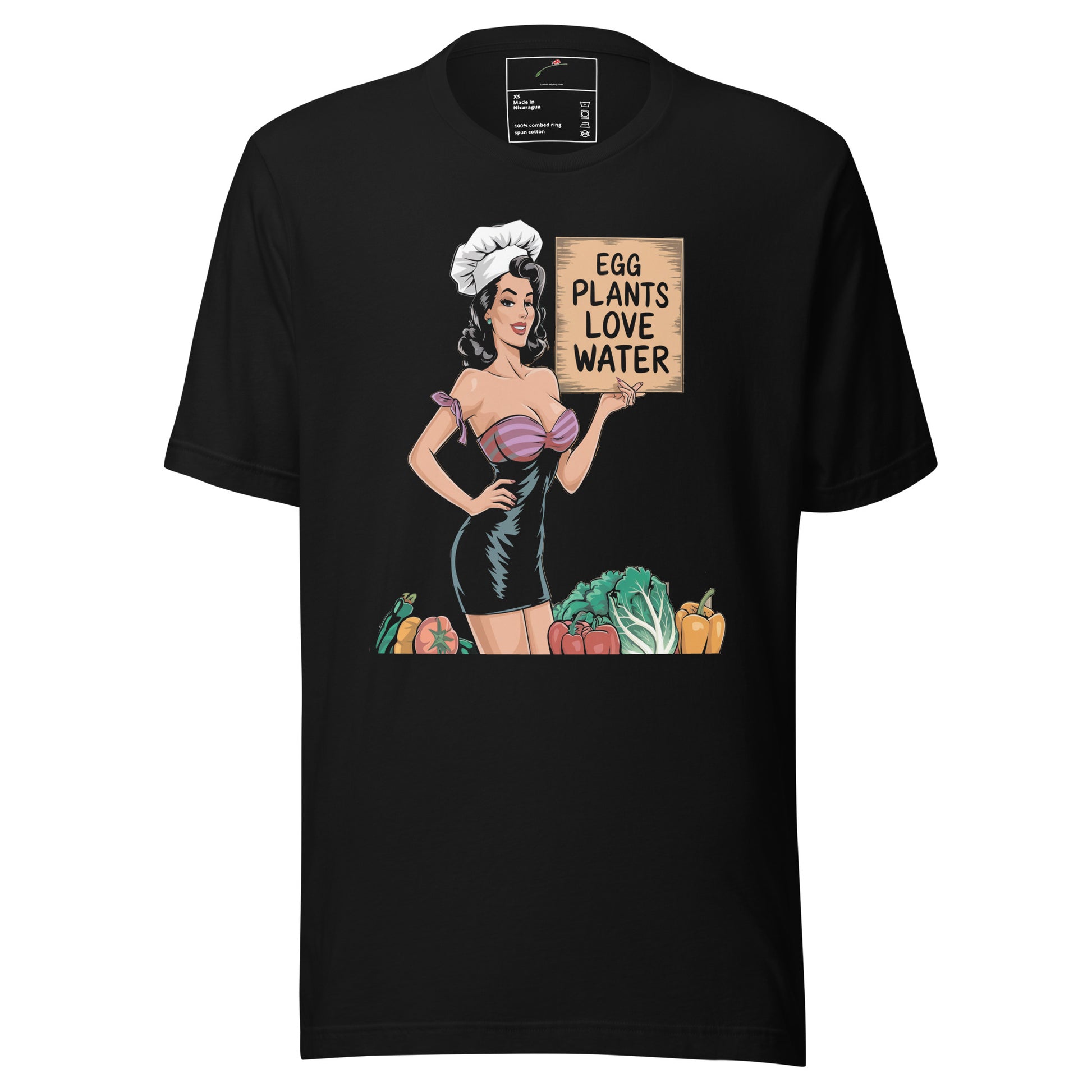 Eggplants Love Water T-Shirt black tee with retro pinup chef holding sign and assorted vegetables print