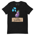 LuckeLadybug black eggplants love water t-shirt with smiling cartoon eggplant blue water drops and wood sign design