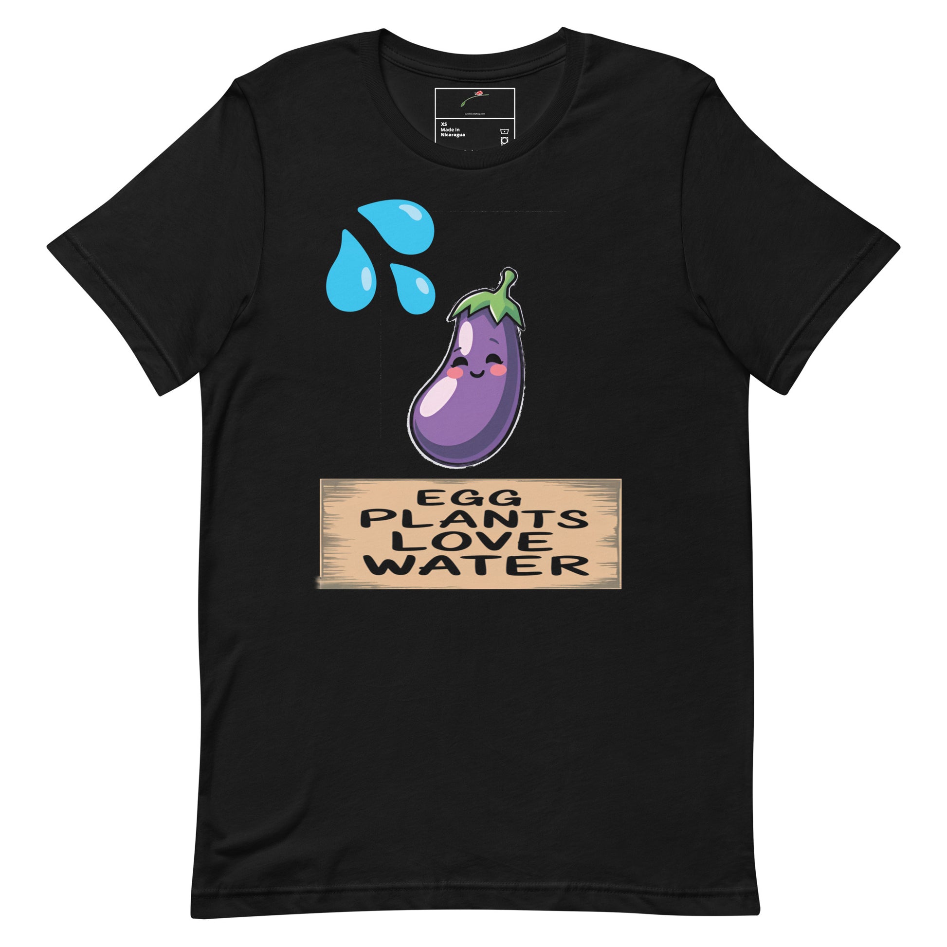 LuckeLadybug black eggplants love water t-shirt with smiling cartoon eggplant blue water drops and wood sign design
