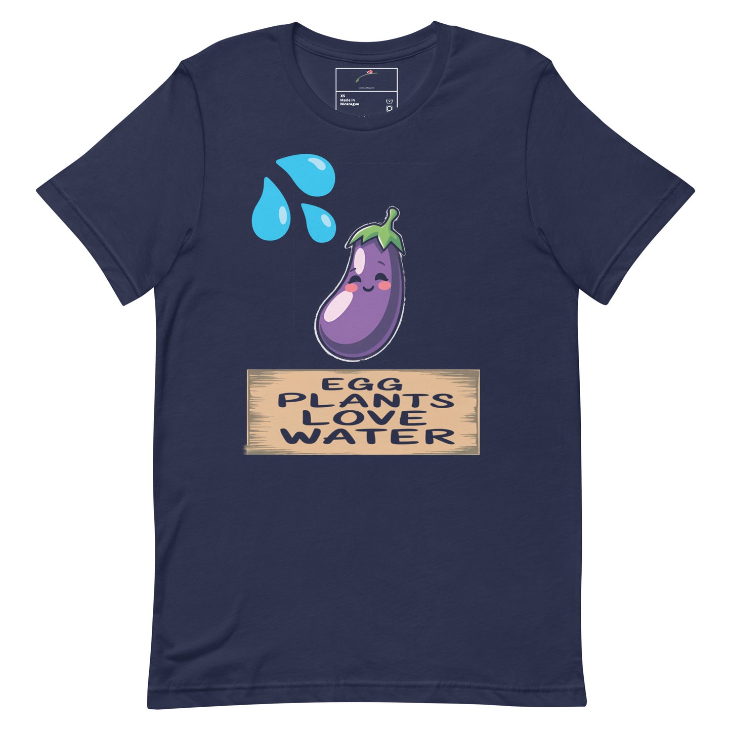LuckeLadybug navy t shirt with cartoon eggplant and water droplets and wooden sign eggplants love water t-shirt