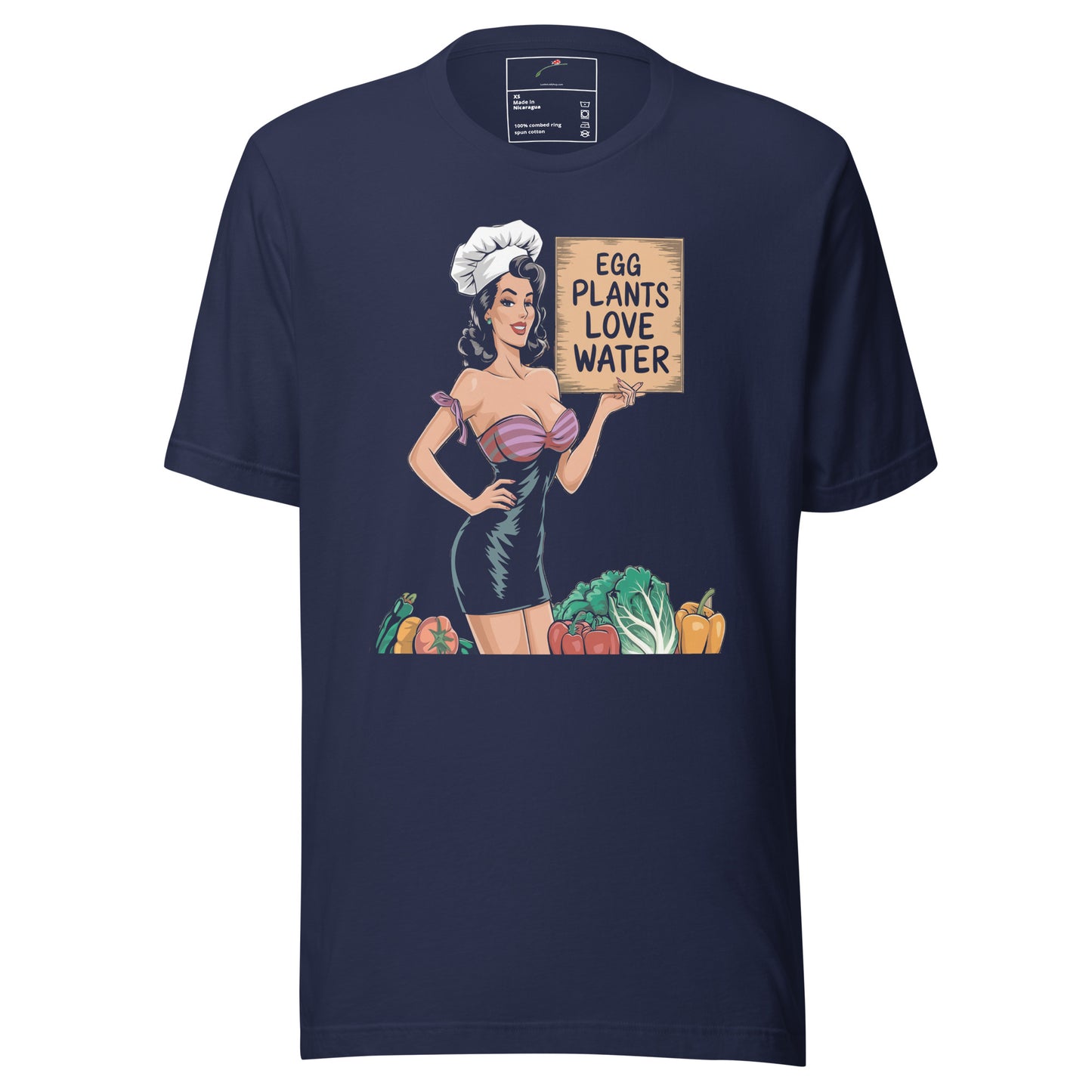 LuckeLadybug navy tee with retro pin up chef holding sign and vegetables Eggplants Love Water T-Shirt