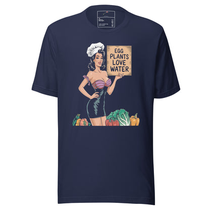 LuckeLadybug navy tee with retro pin up chef holding sign and vegetables Eggplants Love Water T-Shirt