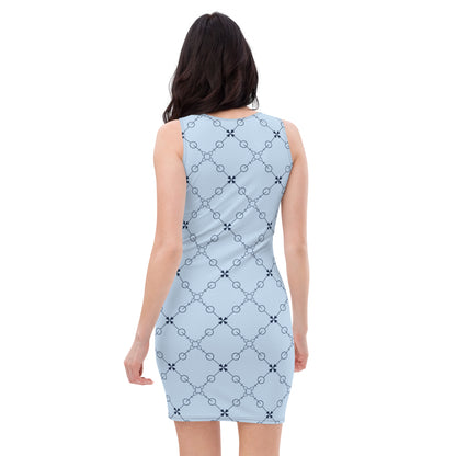 Back view of elegant bodycon dress in light blue with geometric pattern by LuckeLadybug