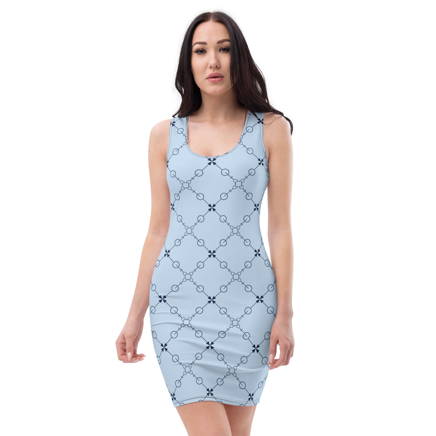 LuckeLadybug elegant bodycon dress in light blue with black chain pattern sleeveless design