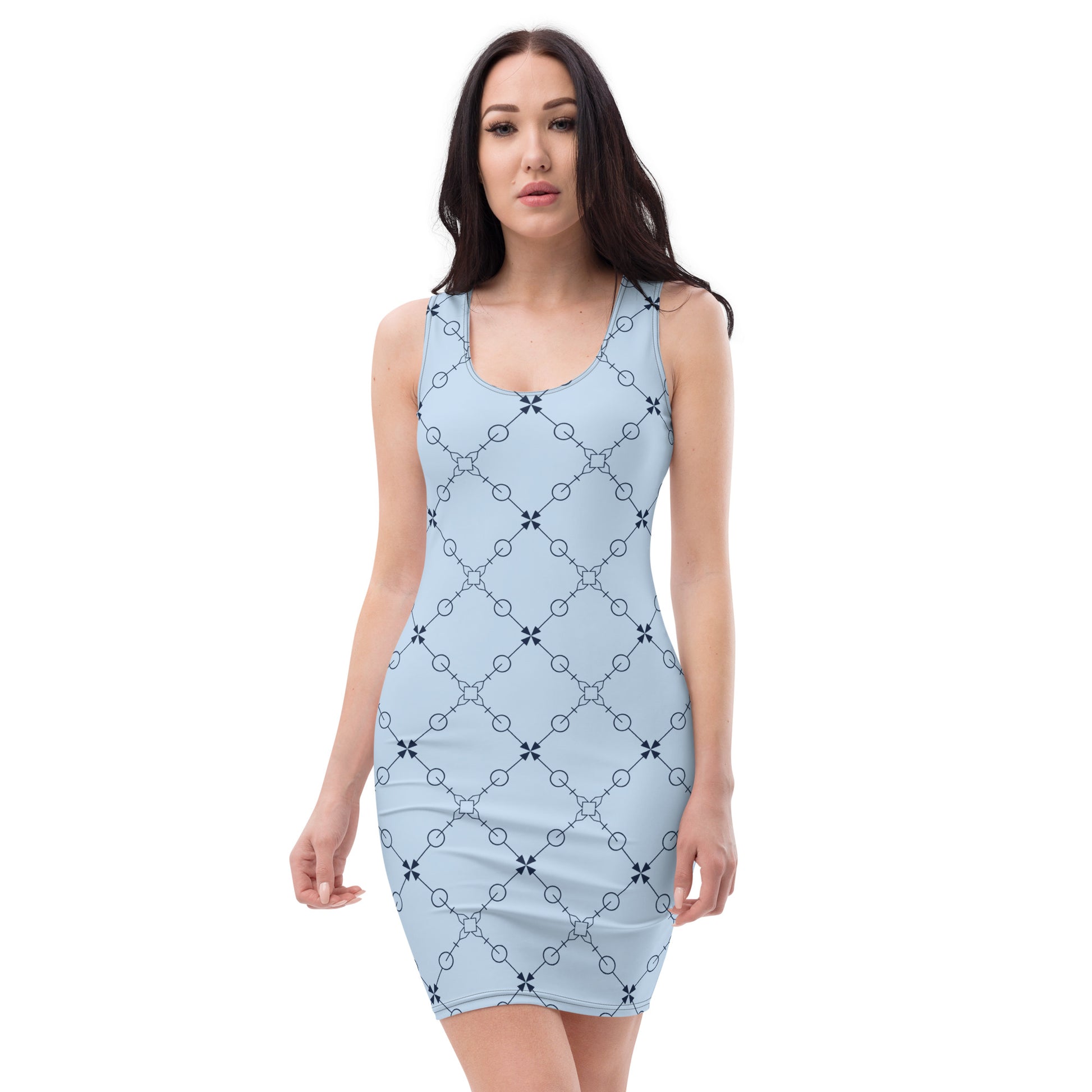 LuckeLadybug elegant bodycon dress in light blue with black chain pattern sleeveless design
