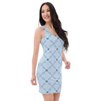 Woman wearing a blue elegant bodycon dress with black chain pattern by LuckeLadybug
