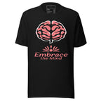 Black LuckeLadybug t-shirt with pink brain graphic and Embrace the Mind tee text design