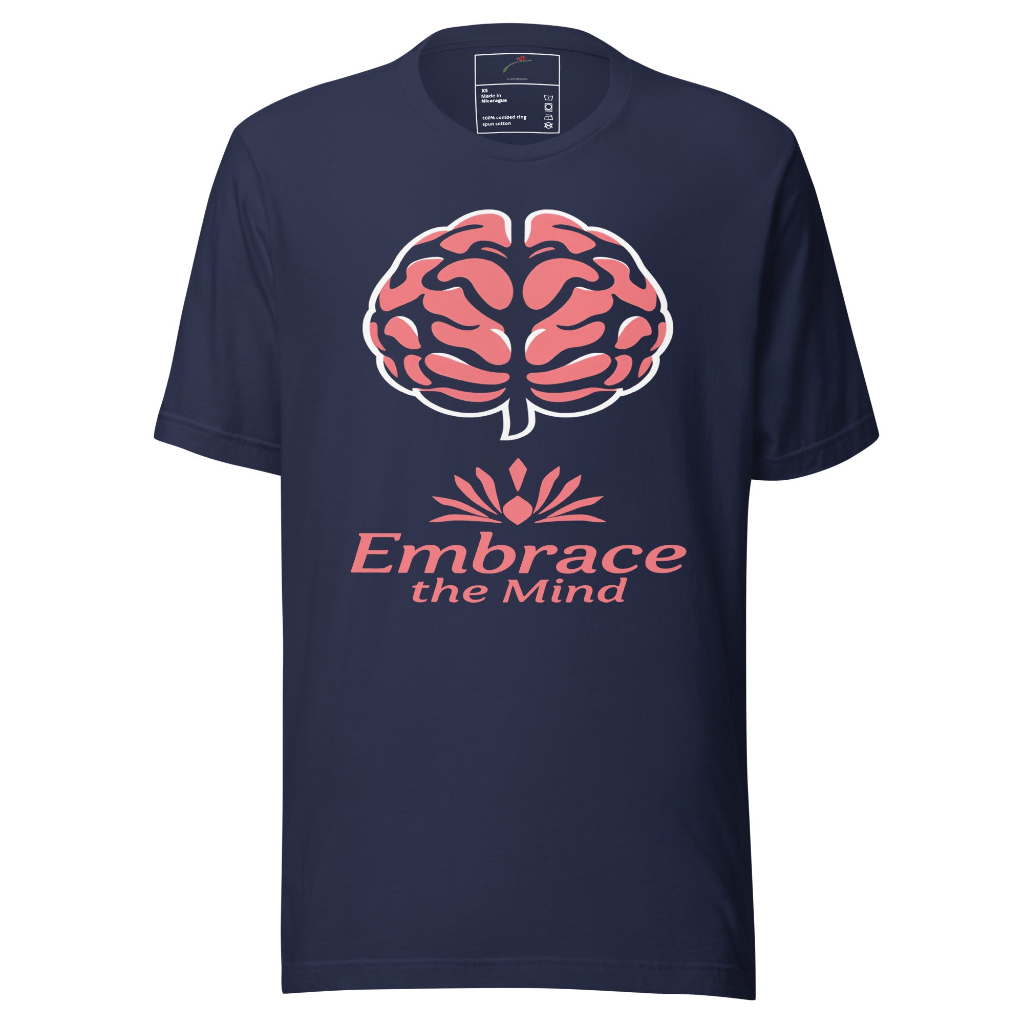 LuckeLadybug embrace the mind tee in navy with pink brain graphic and inspirational text design