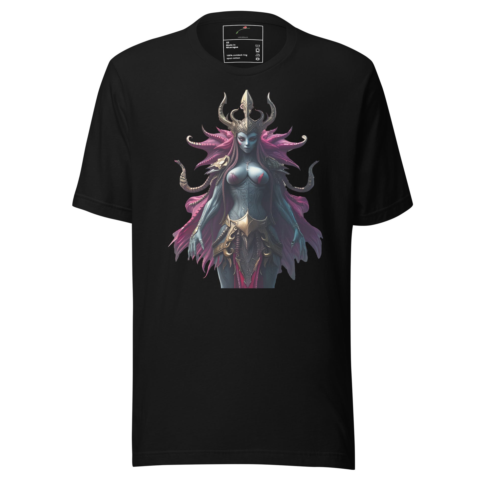 Black embrace the unknown tee shirt featuring a fantasy character with pink hair and horned armor