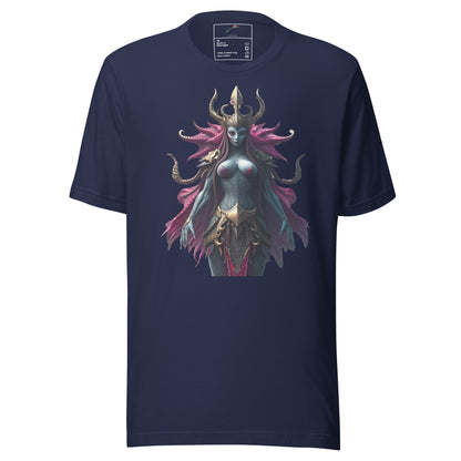 Navy blue embrace the unknown tee shirt featuring a detailed fantasy goddess design by LuckeLadybug
