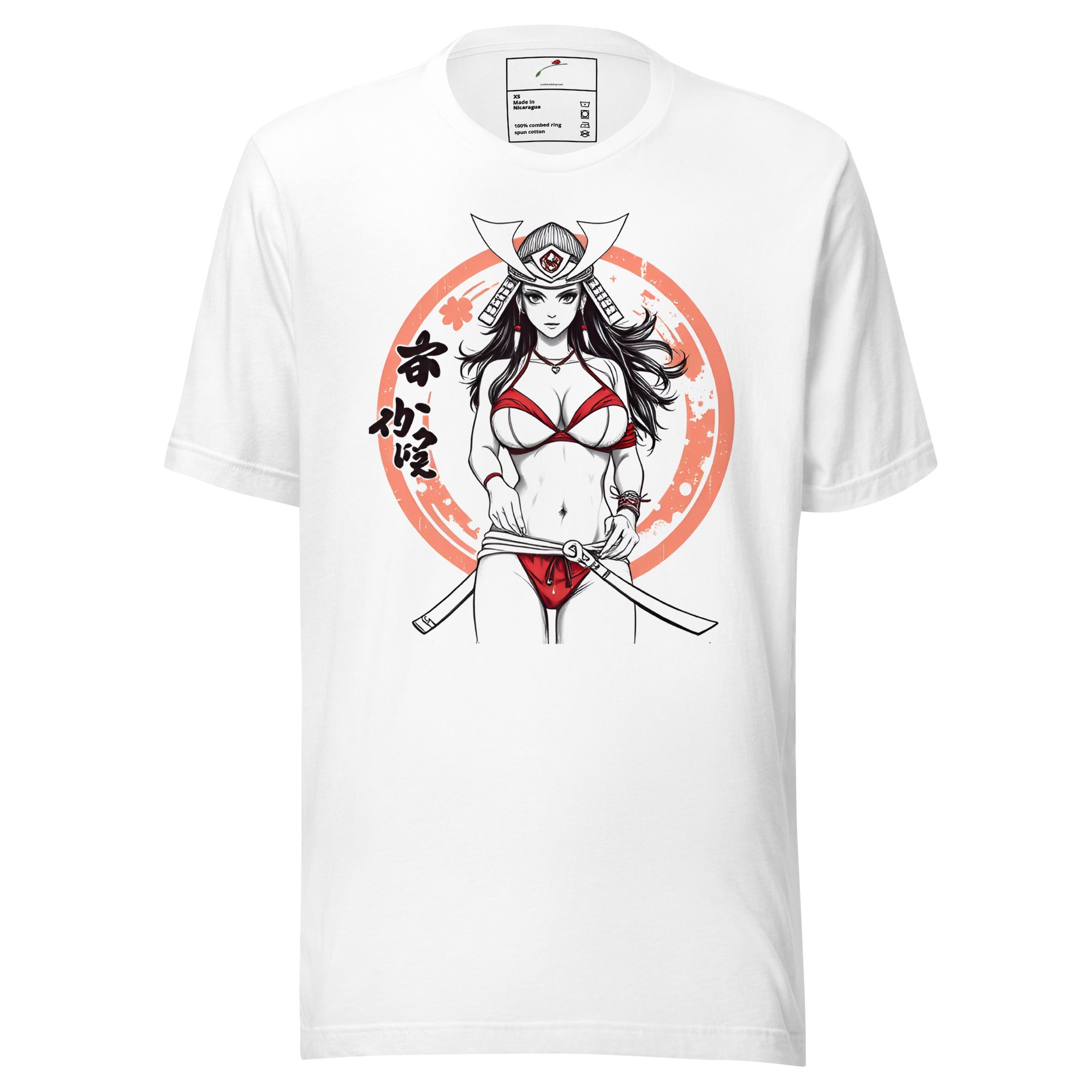White Printful T-Shirt featuring Epic Warrior Samurai Illustration Tee with red and black samurai woman design