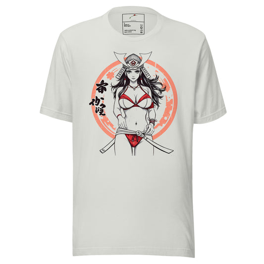 Printful white t-shirt featuring an Epic Warrior Samurai Illustration Tee with a female samurai in red bikini and traditional helmet