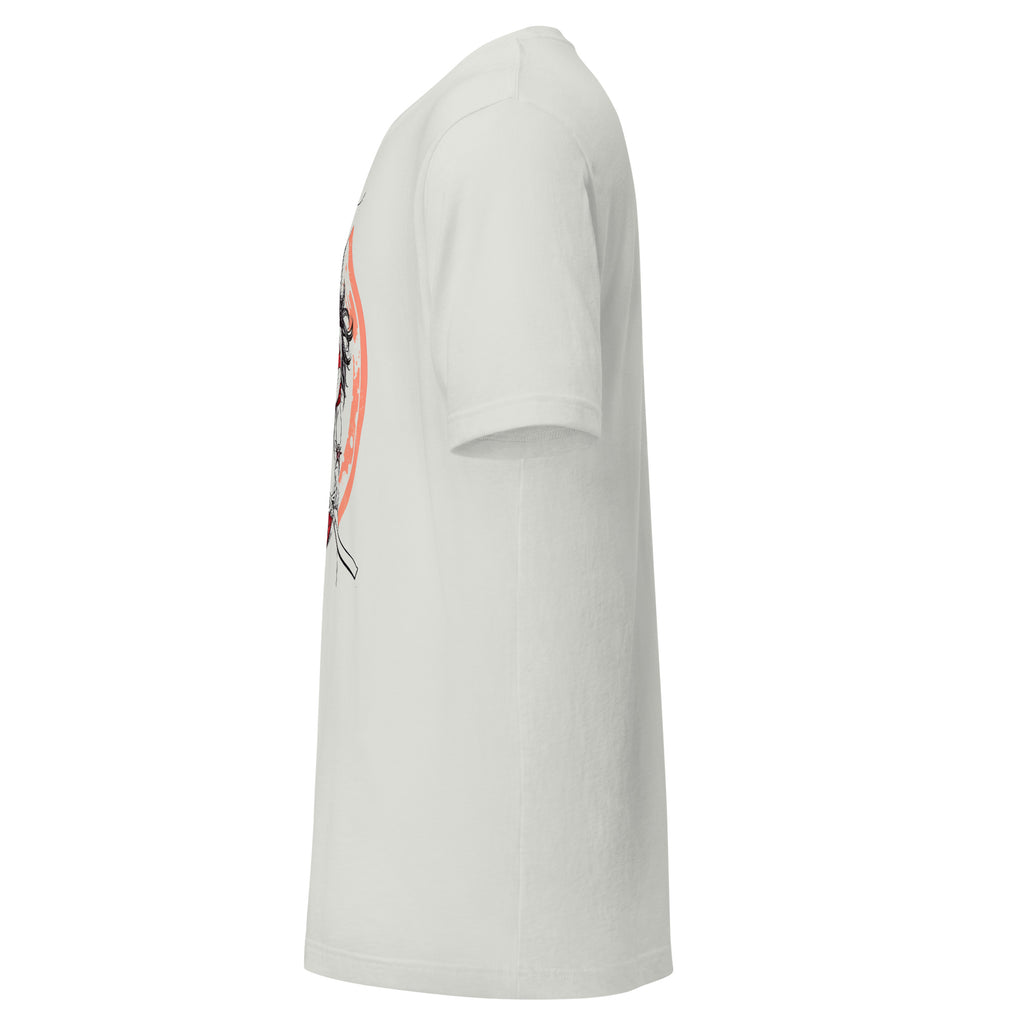 Side view of Printful Epic Warrior Samurai Illustration Tee in white with short sleeves