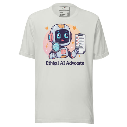 LuckeLadybug white tee with cute robot holding checklist and magnifying glass Ethical AI Advocate ethical AI advocate t-shirt