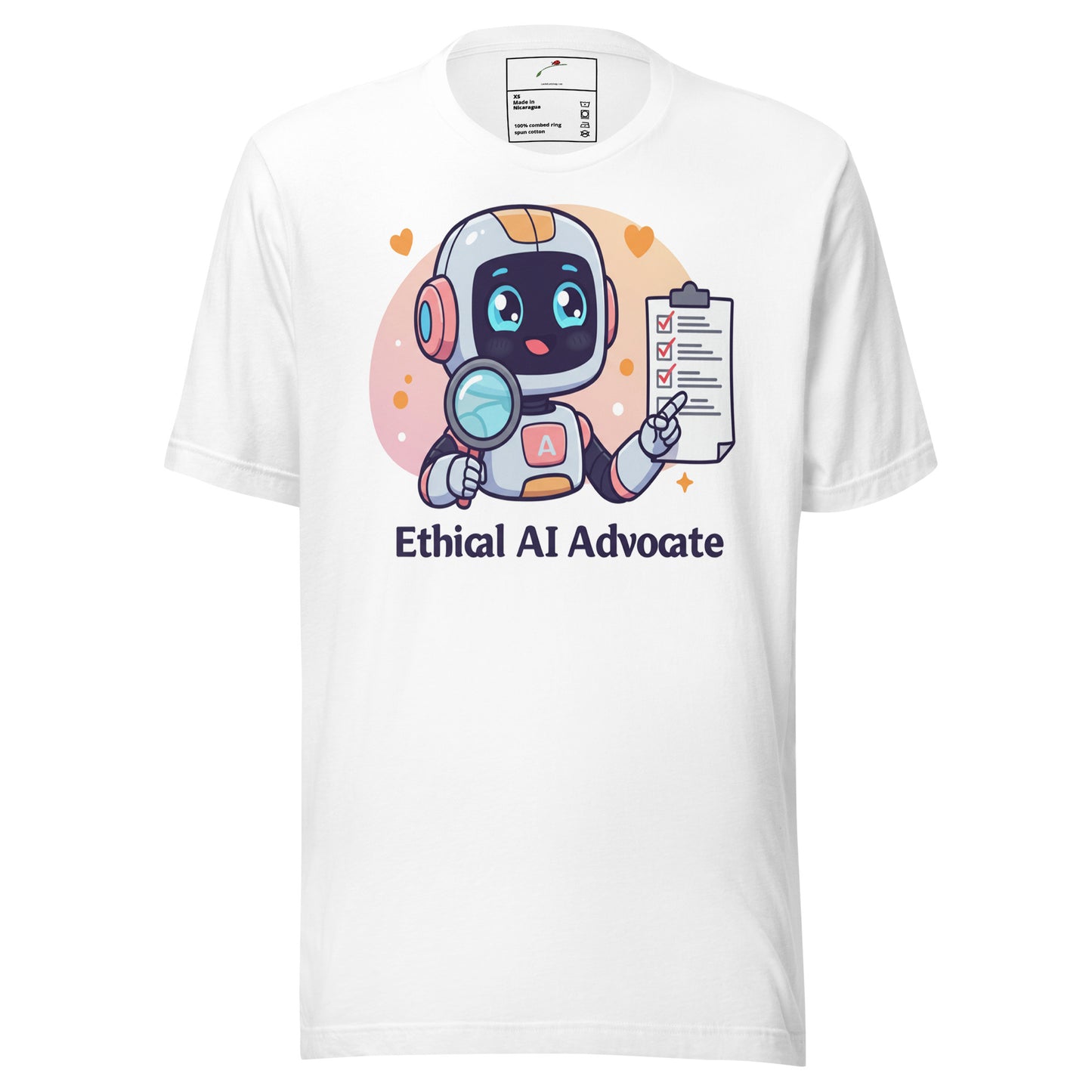 White LuckeLadybug ethical AI advocate t-shirt featuring cute robot with magnifying glass and clipboard