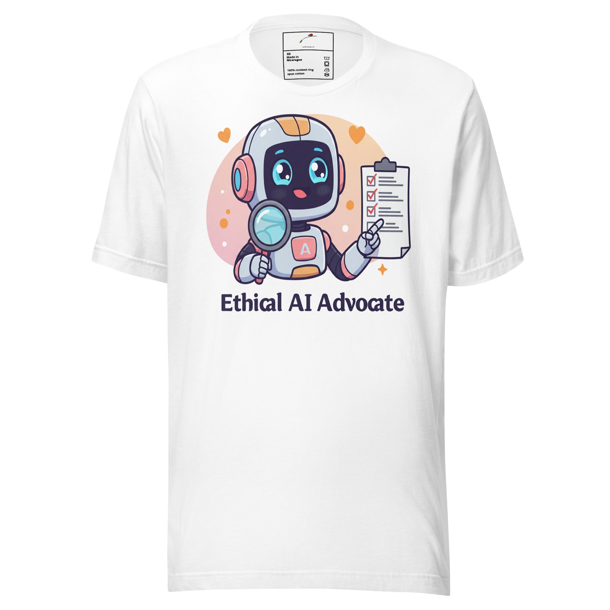 White LuckeLadybug ethical AI advocate t-shirt featuring cute robot with magnifying glass and clipboard