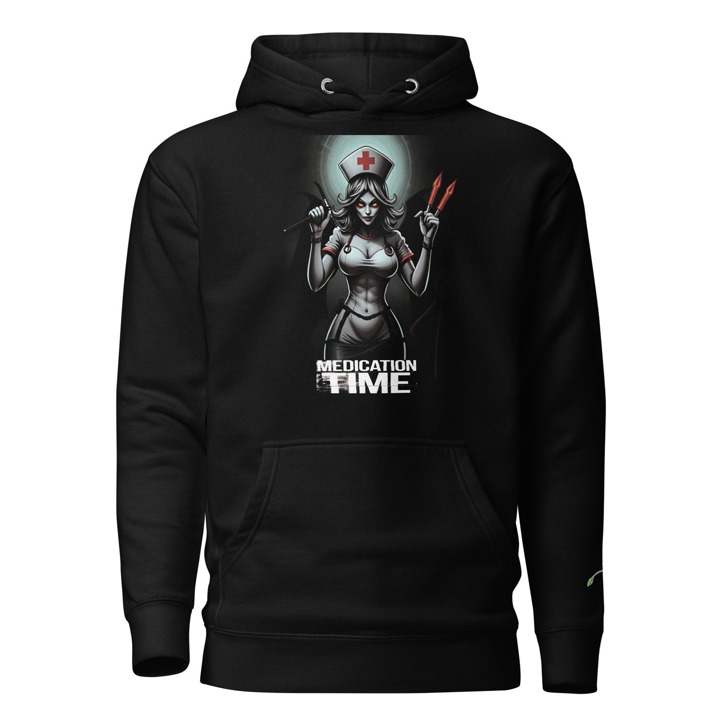 Black LuckeLadybug evil nurse hoodie with graphic of a sinister nurse holding medical tools
