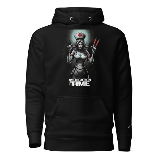 Black LuckeLadybug evil nurse hoodie with graphic of a sinister nurse holding medical tools