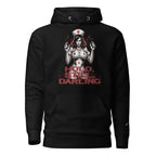 Black evil nurse hoodie with graphic of sinister nurse holding syringes and hold still darling text