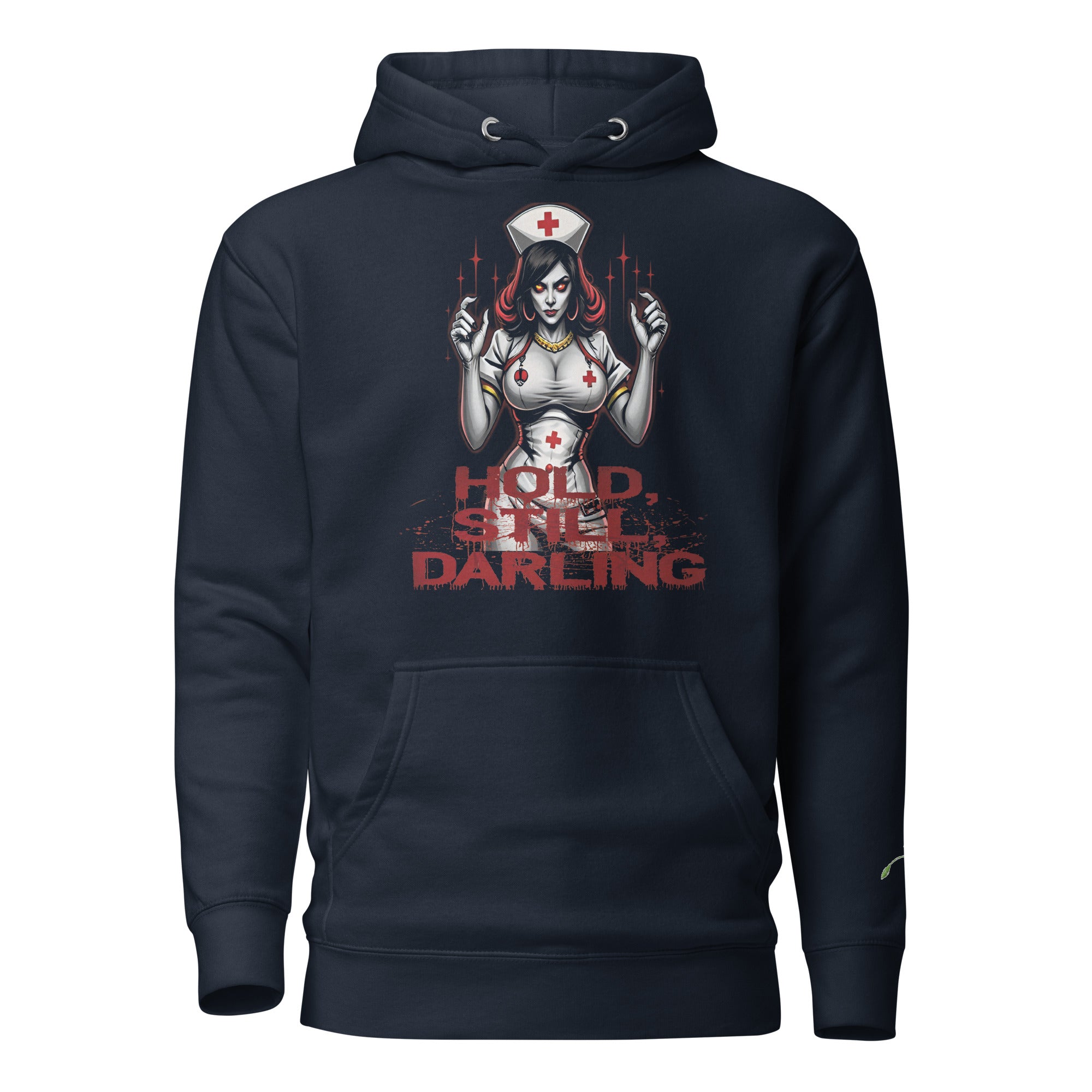 Black evil nurse hoodie by luckeladybug featuring a creepy nurse graphic and Hold Still Darling text