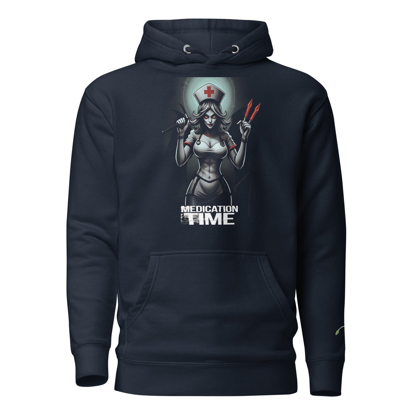LuckeLadybug black evil nurse hoodie with graphic of a sinister nurse holding medical tools and medication time text