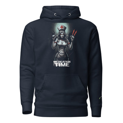 LuckeLadybug black evil nurse hoodie with graphic of a sinister nurse holding medical tools and medication time text