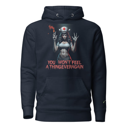 LuckeLadybug evil nurse hoodie in black with graphic of a scary nurse and text you won't feel a thing ever again