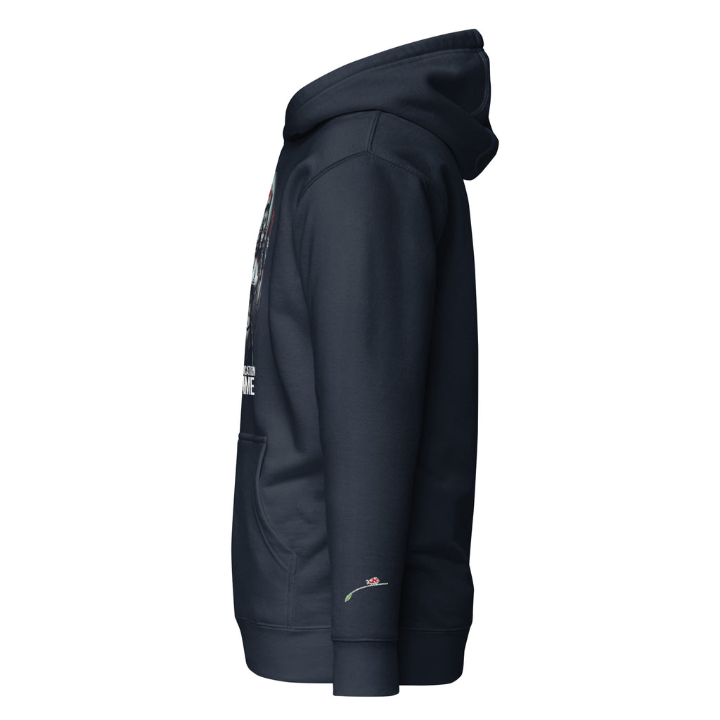 LuckeLadybug black evil nurse hoodie with front pocket and adjustable hood shown from side view