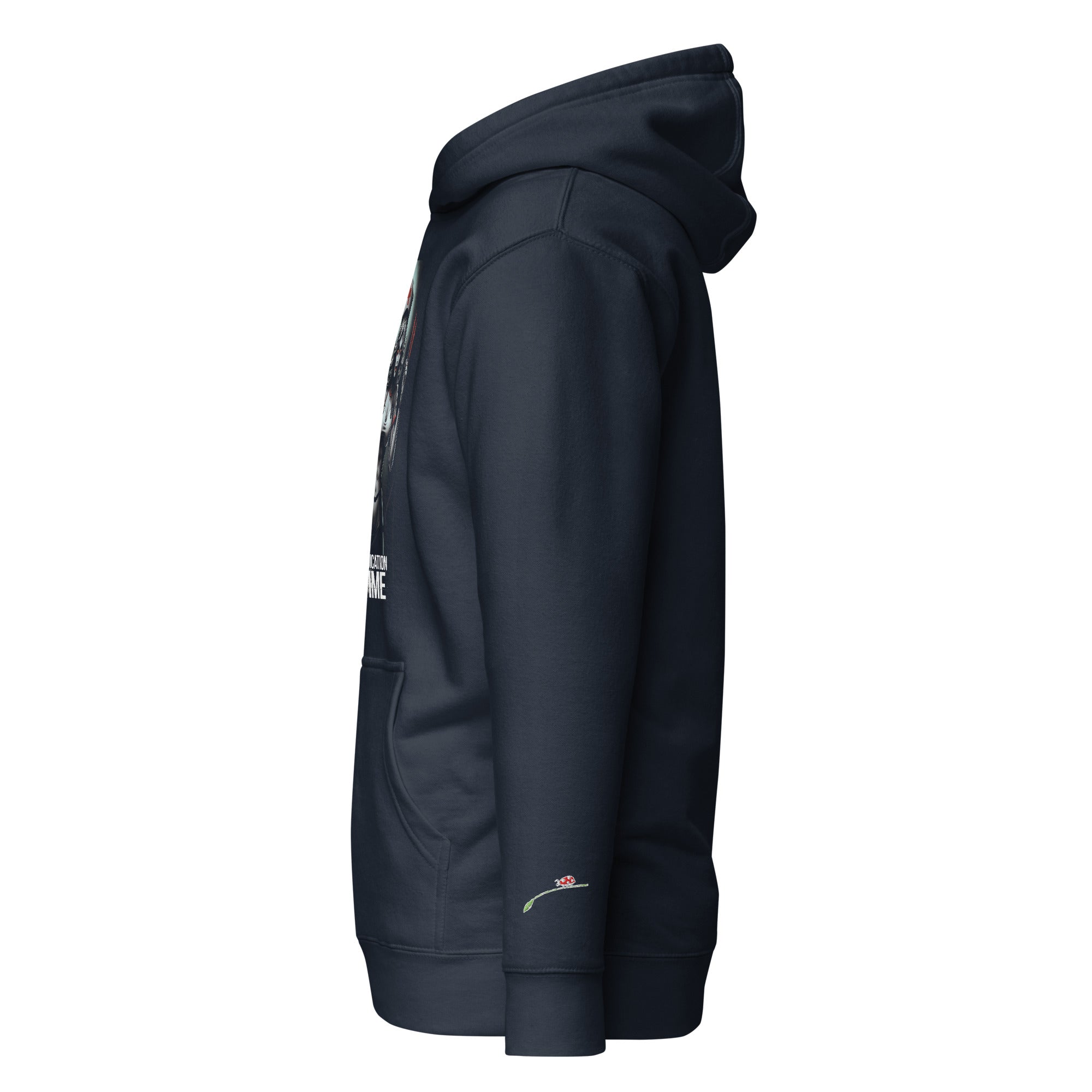 LuckeLadybug black evil nurse hoodie with front pocket and adjustable hood shown from side view