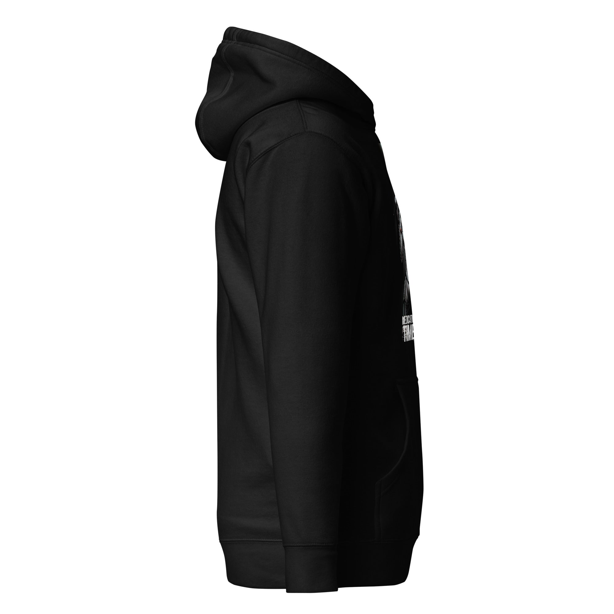 Side view of black evil nurse hoodie by LuckeLadybug with hood and front pocket