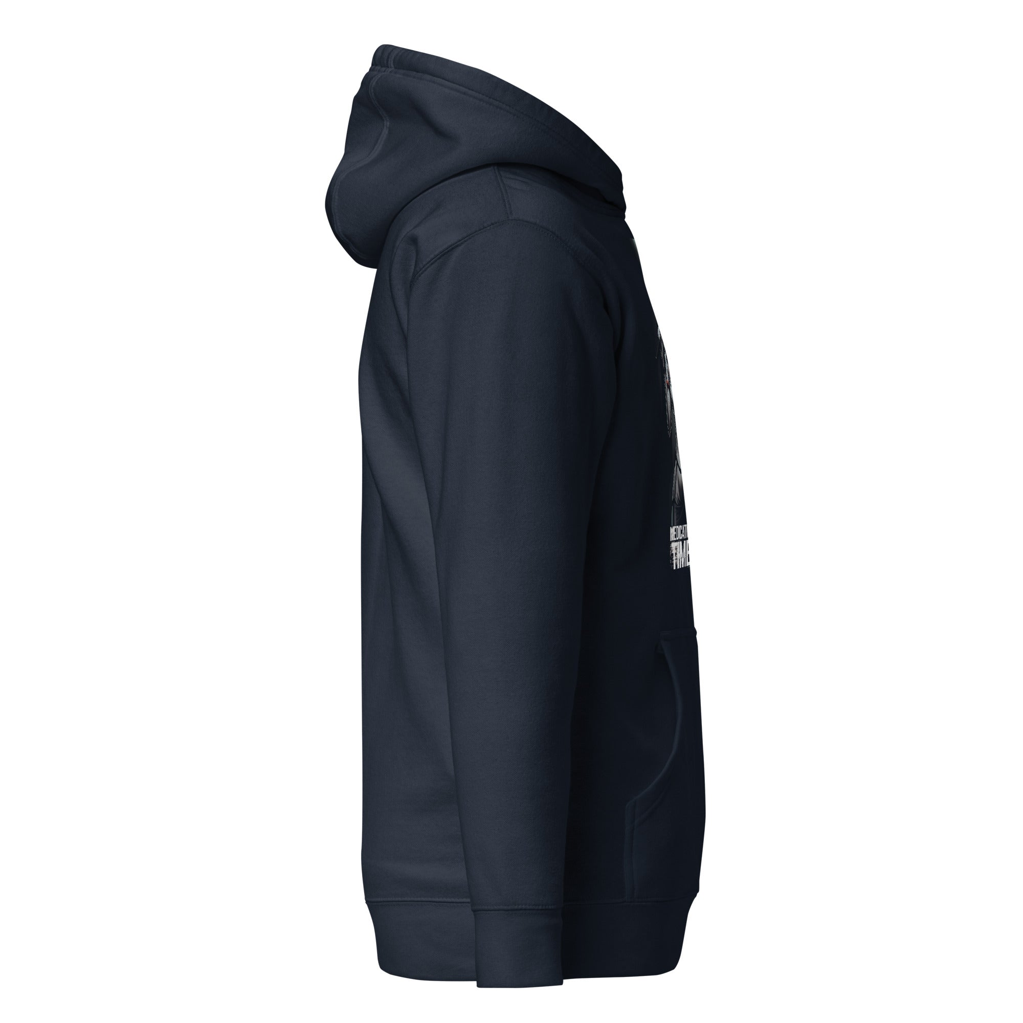 Side view of black evil nurse hoodie by LuckeLadybug with front pocket and hood