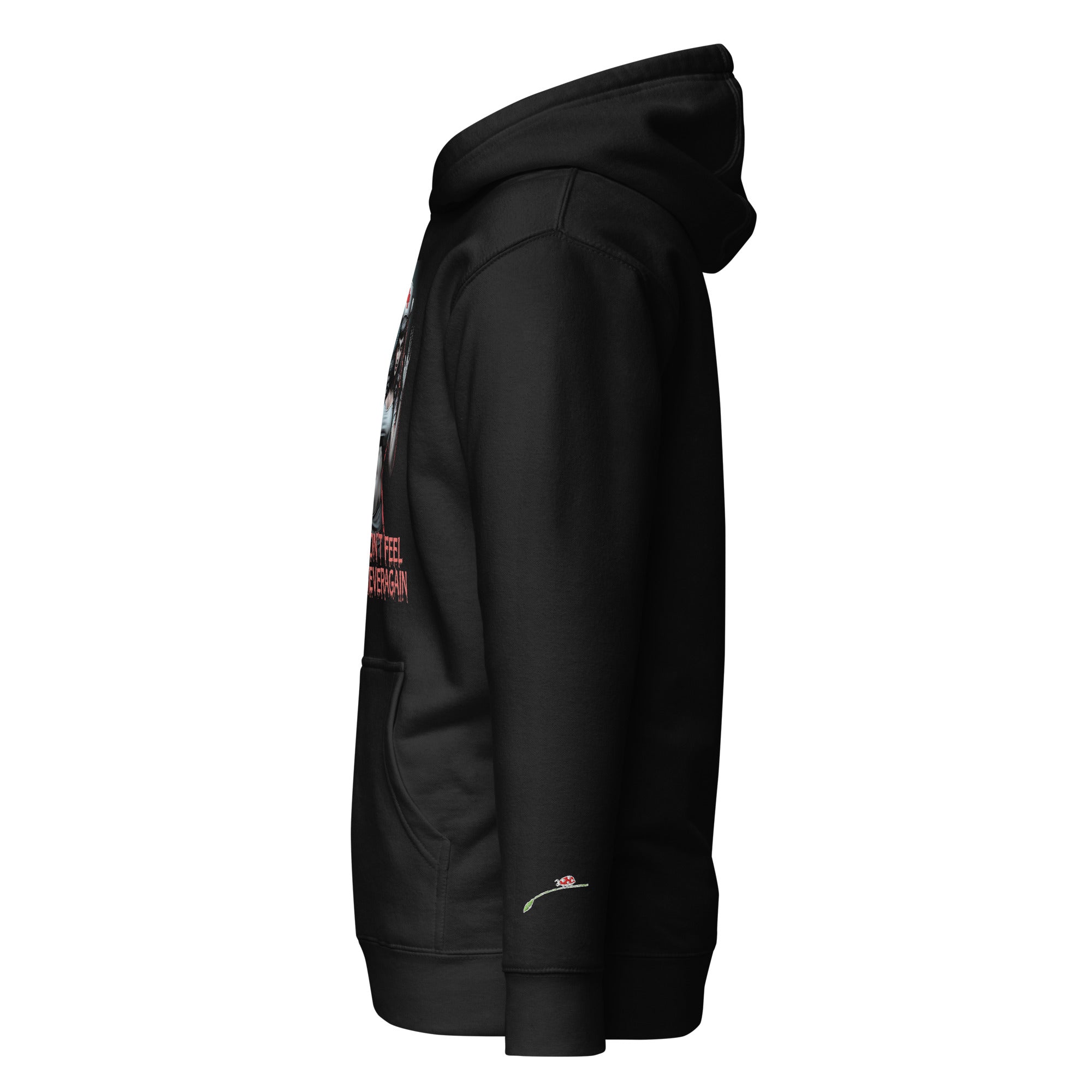 LuckeLadybug black evil nurse hoodie with front pocket and hood, side view