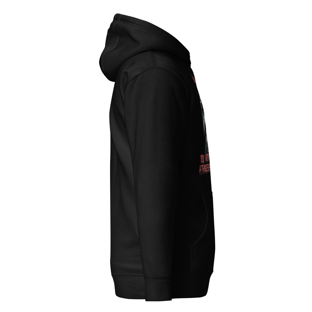 Side view of black evil nurse hoodie by LuckeLadybug with hood and front pocket