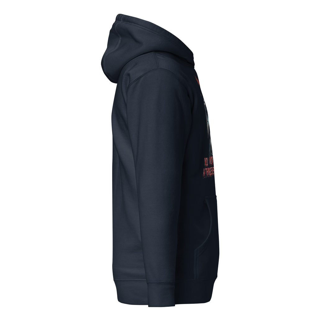 view of black evil nurse hoodie by LuckeLadybug with hood and front pocket