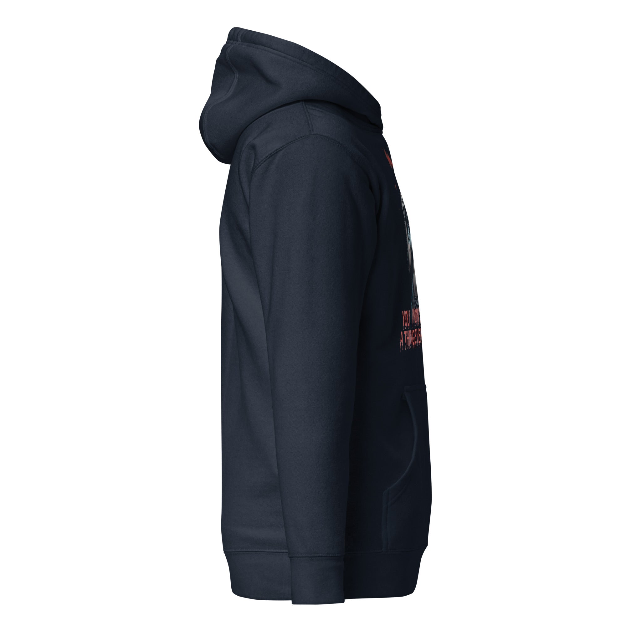 view of black evil nurse hoodie by LuckeLadybug with hood and front pocket