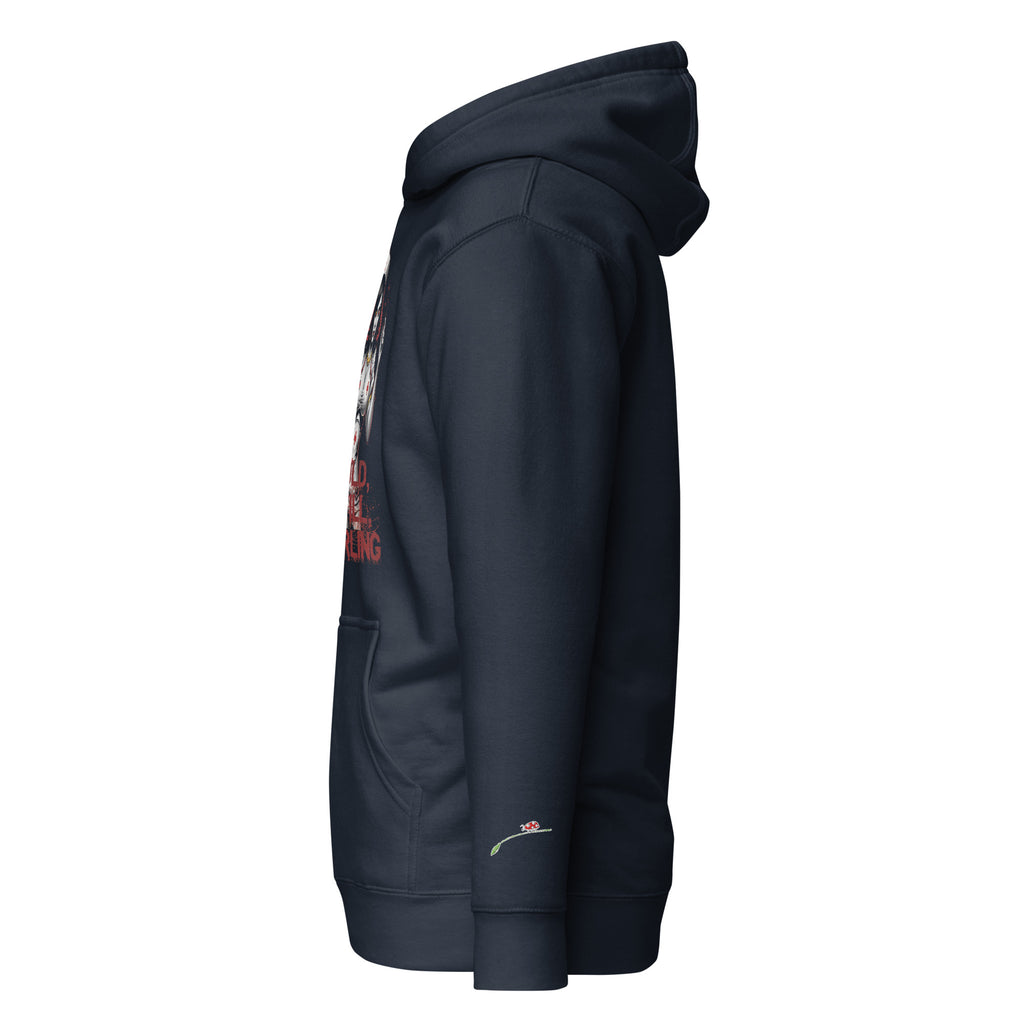 Side view of black evil nurse hoodie by luckeladybug with front graphic and hood