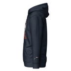 Side view of black evil nurse hoodie by luckeladybug with front graphic and hood