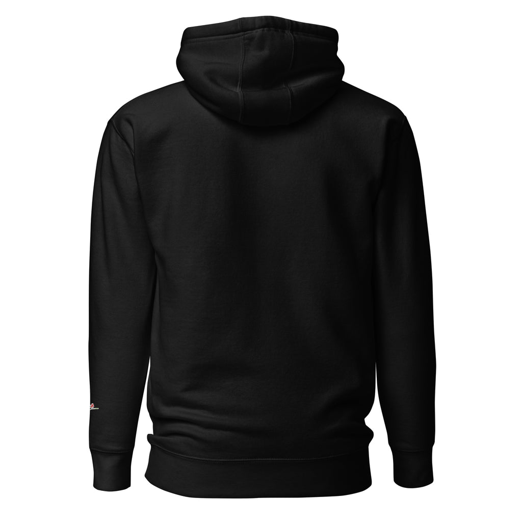 Black fantasy dragon pullover hoodie by LuckeLadybug shown from the back with hood and long sleeves