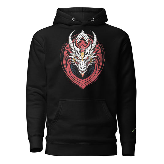 Black hoodie with detailed white and red fantasy dragon pullover design on front by LuckeLadybug