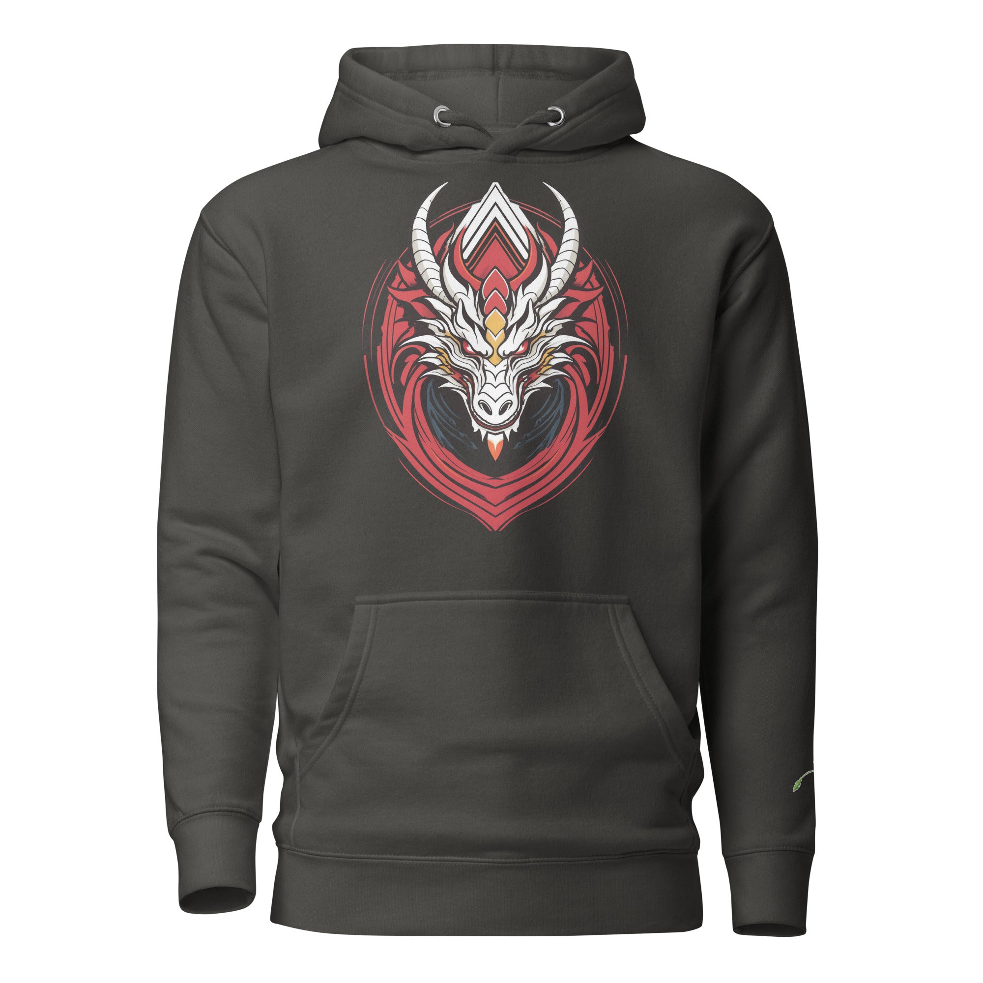 LuckeLadybug black hoodie featuring a bold fantasy dragon pullover design with detailed red and white dragon graphic