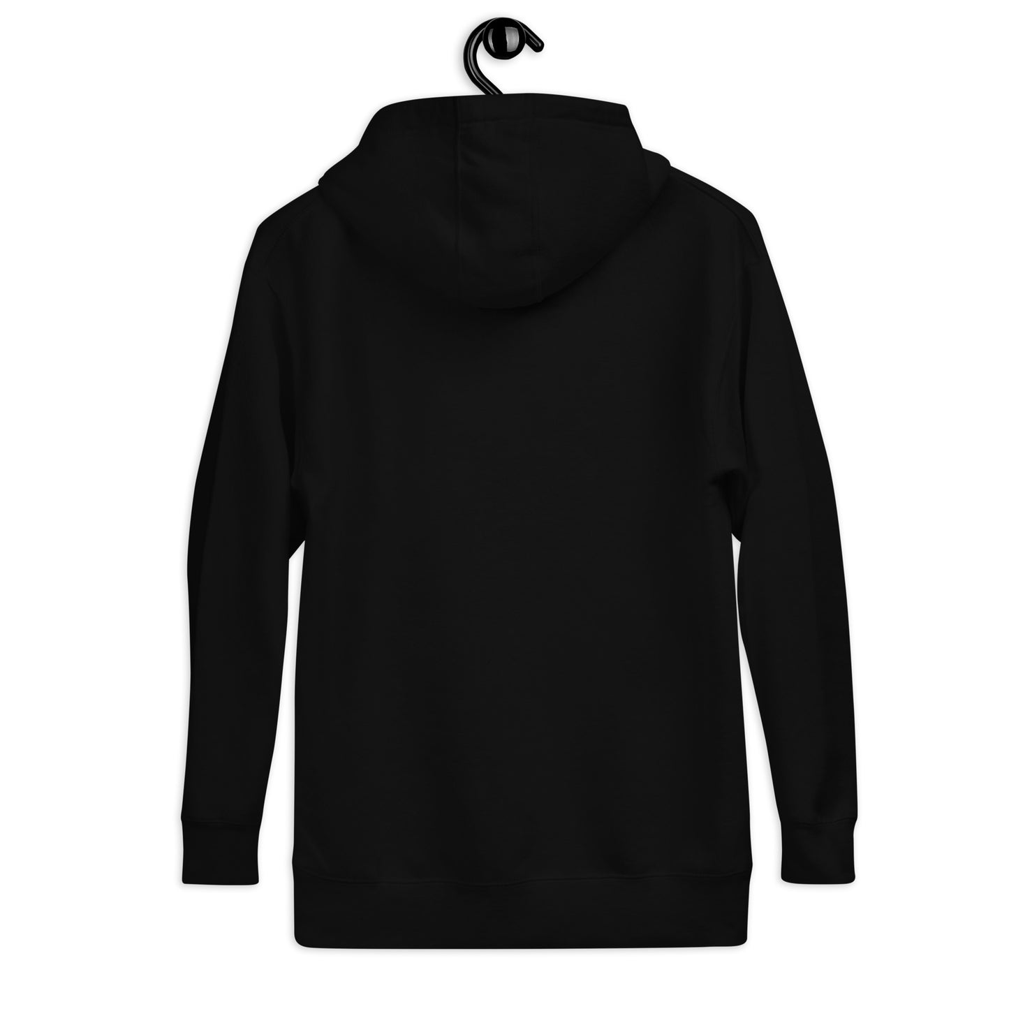 Black hoodie hanging on black hanger showing back view of fashion-forward men's hoodie by Printful