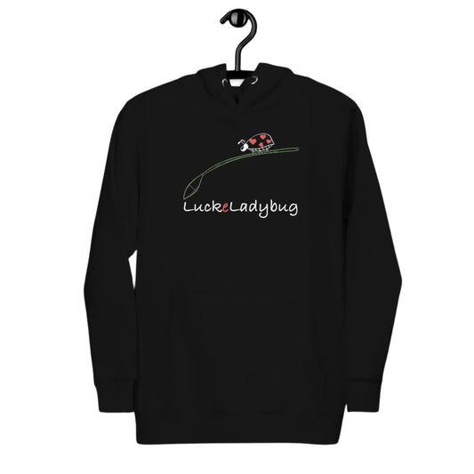 black fashion-forward men's hoodie with lucky ladybug graphic on front