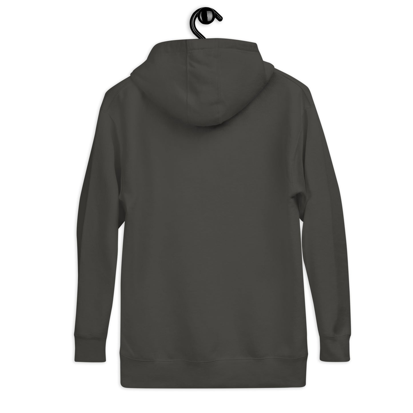 fashion-forward men's hoodie in dark gray displayed from the back with hood and long sleeves