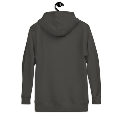 fashion-forward men's hoodie in dark gray displayed from the back with hood and long sleeves