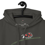fashion-forward men's hoodie in dark color with heart-themed graphic on front